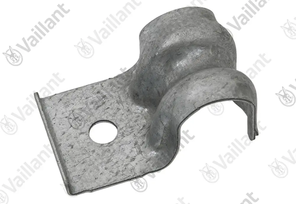 Schraubenhalter aus Metall mit gebogener Halterung und einem runden Loch zur Befestigung. Teil von Vaillant Heizungsinstallationen.